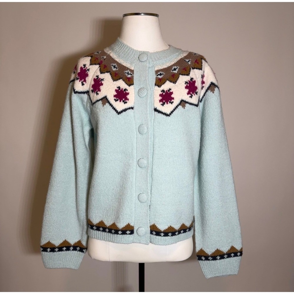 NWD Bailey/44 Fair Isle Nordic Knit Button Cardigan Sweater Blue Womens Sz Small